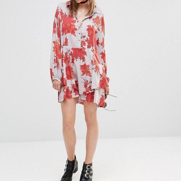 Free People Red Grey Floral Rayon Shake It Mini Shirt Dress XS - Picture 1 of 12